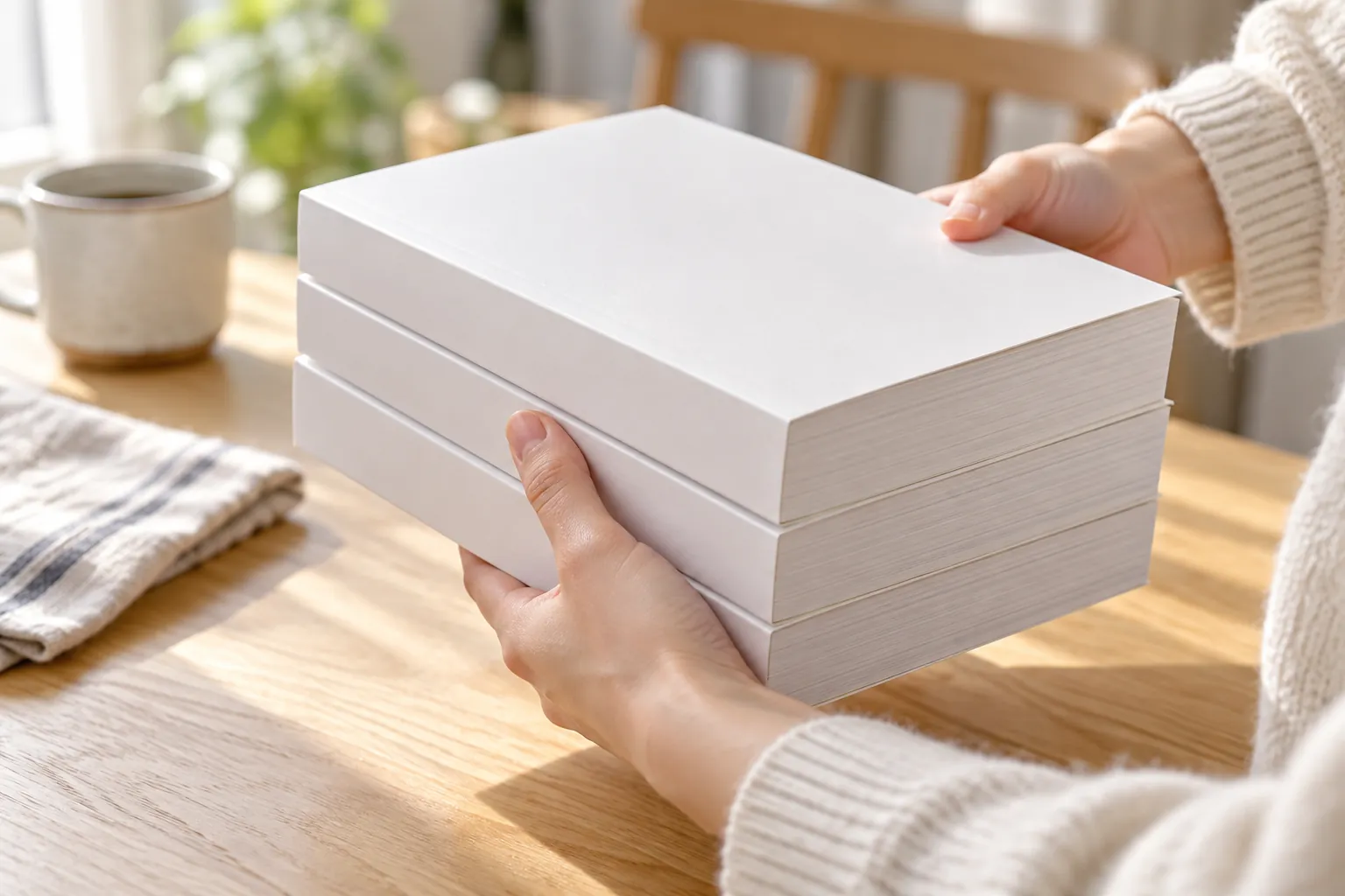 밝은 원목 식탁에서 두 손이 흰 무지 표지의 두꺼운 책 세 권을 한꺼번에 들어 올리고 있고, 뒤로 리넨 냅킨과 머그잔이 흐릿하게 보인다