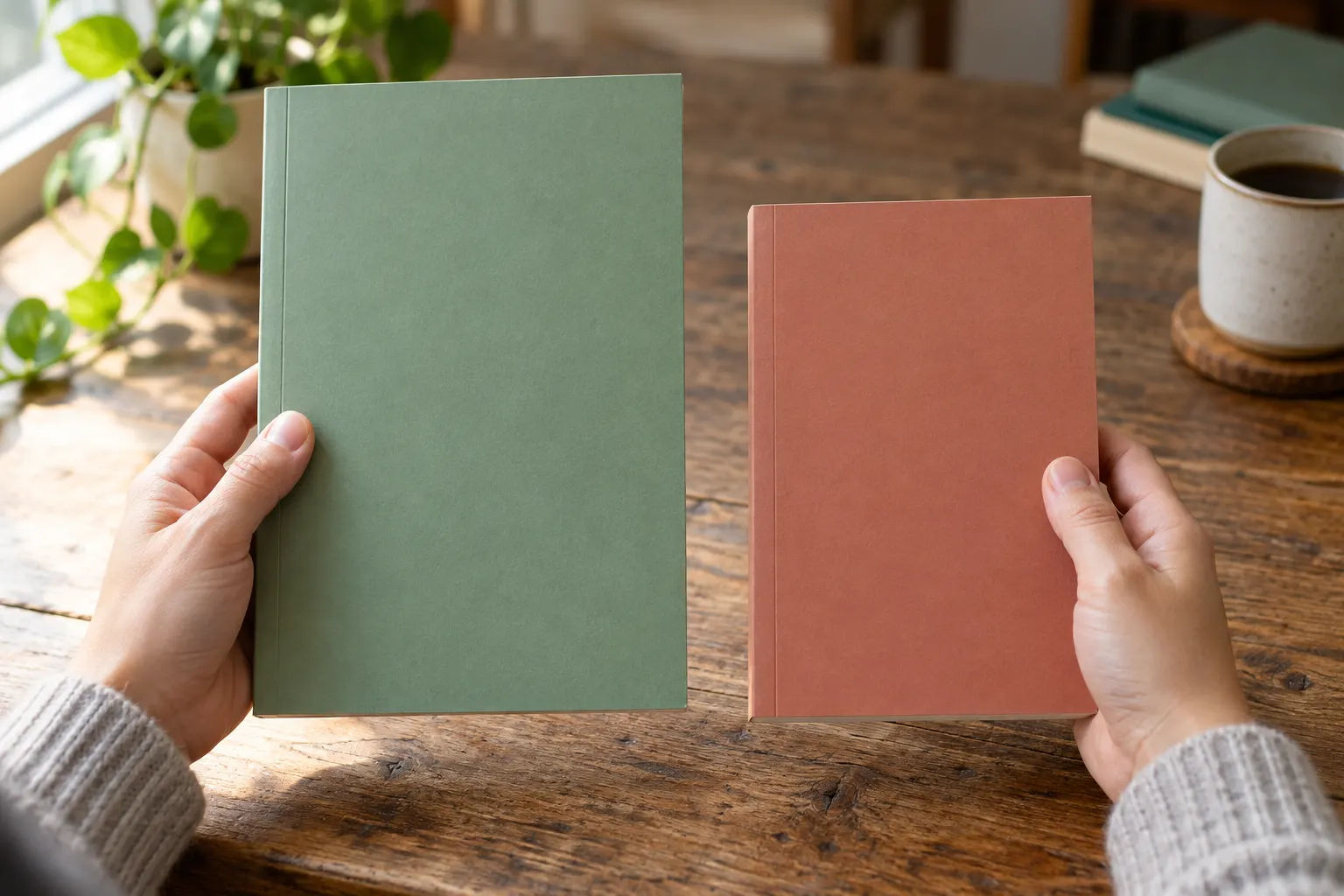 나무 탁자 위에서 크기가 조금 다른 무지 표지의 단행본 두 권을 양손에 들고 나란히 비교하는 모습
